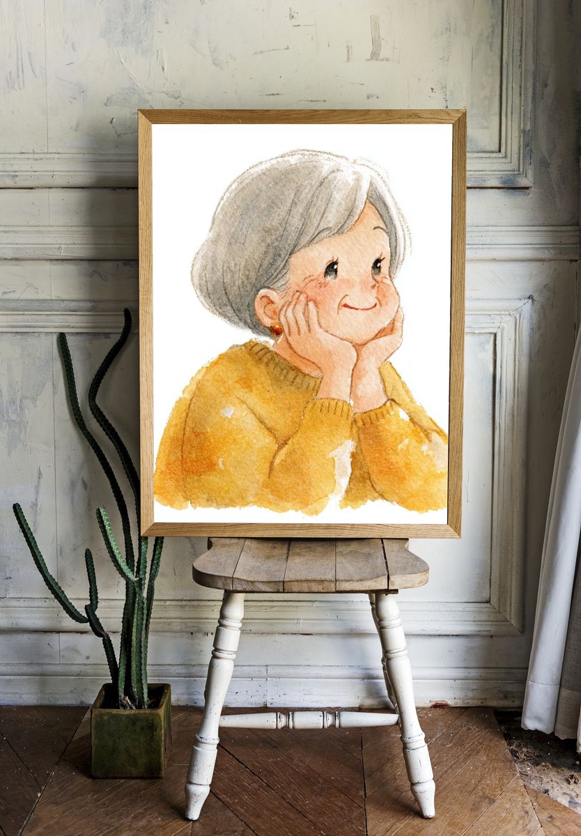 Smiling Elderly Woman Watercolor Print. — room view 1