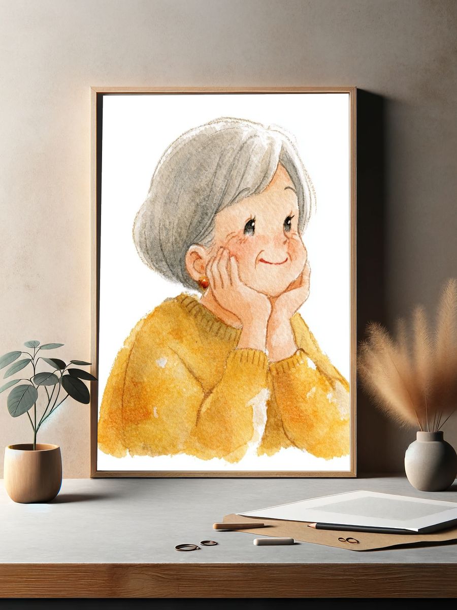 Smiling Elderly Woman Watercolor Print. — room view 2