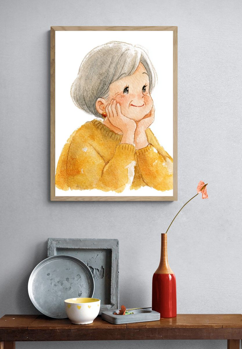 Smiling Elderly Woman Watercolor Print. — room view 3