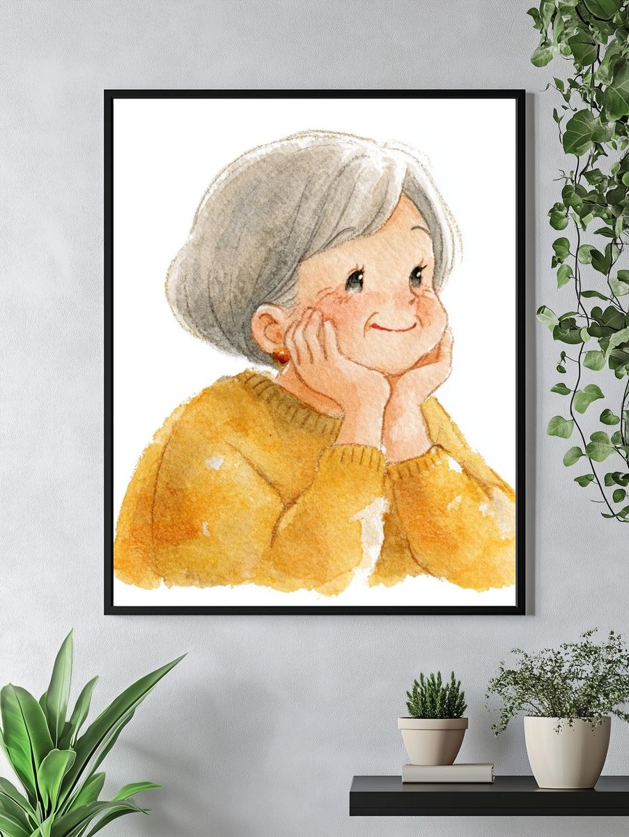 Smiling Elderly Woman Watercolor Print. — room view 4