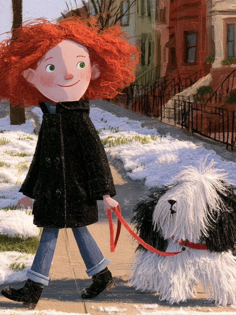 Girl and Dog Winter Walk Illustration Poster. poster detail