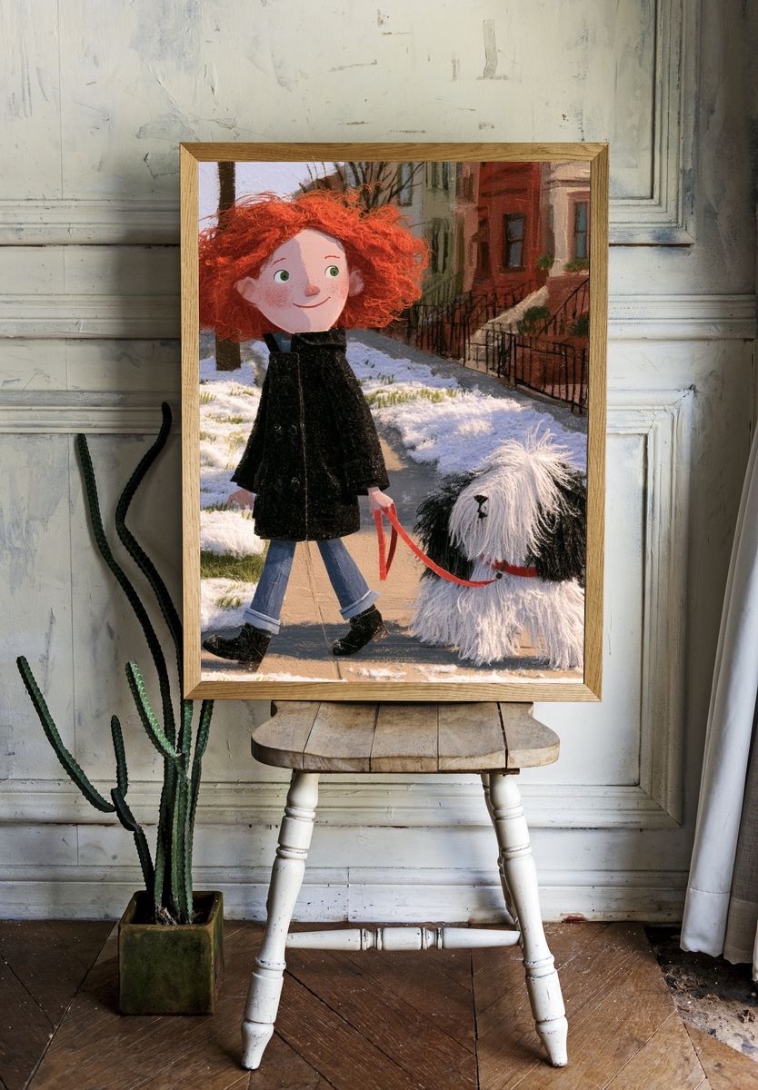 Girl and Dog Winter Walk Illustration Poster. — room view 1
