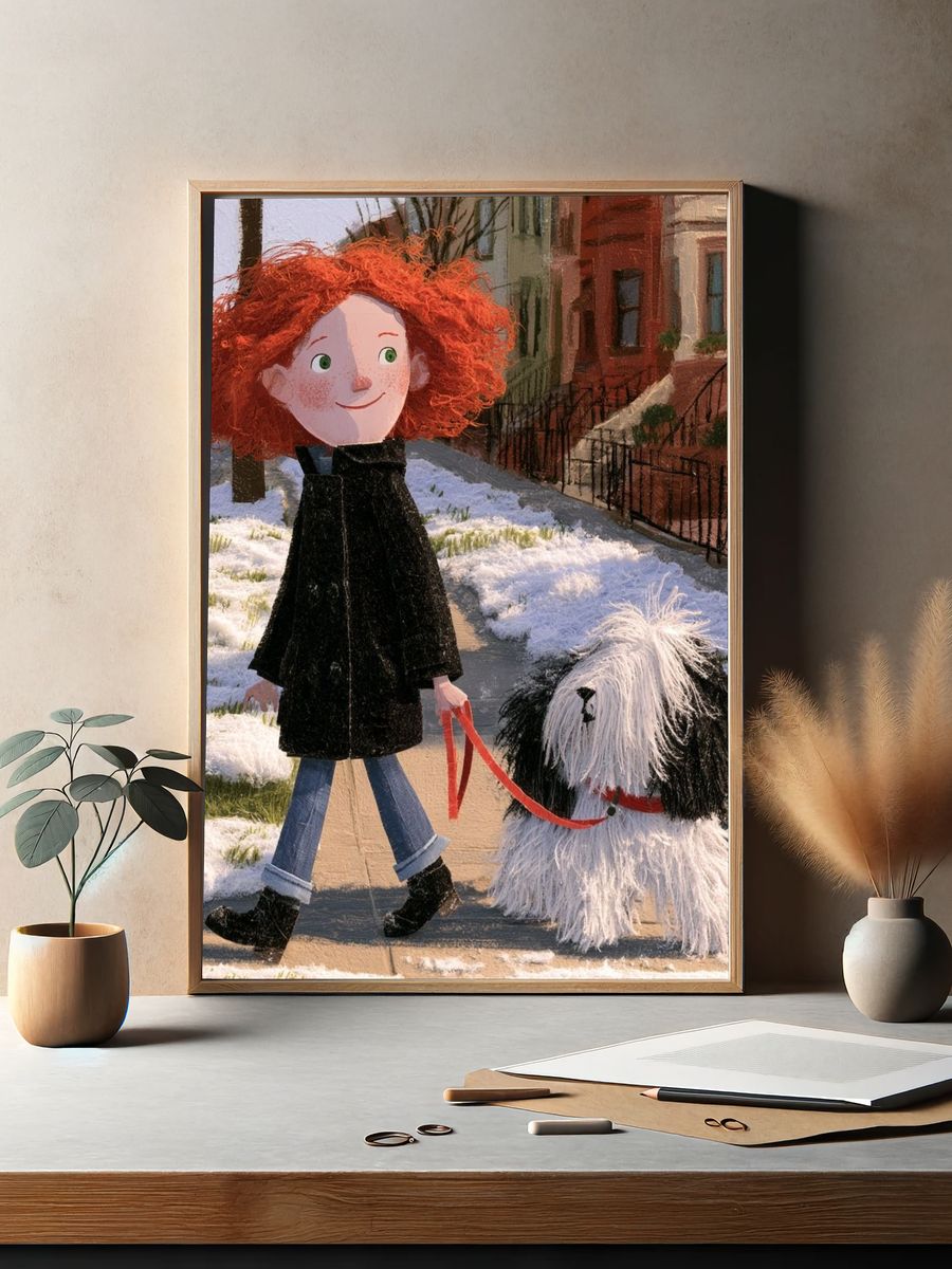 Girl and Dog Winter Walk Illustration Poster. — room view 2