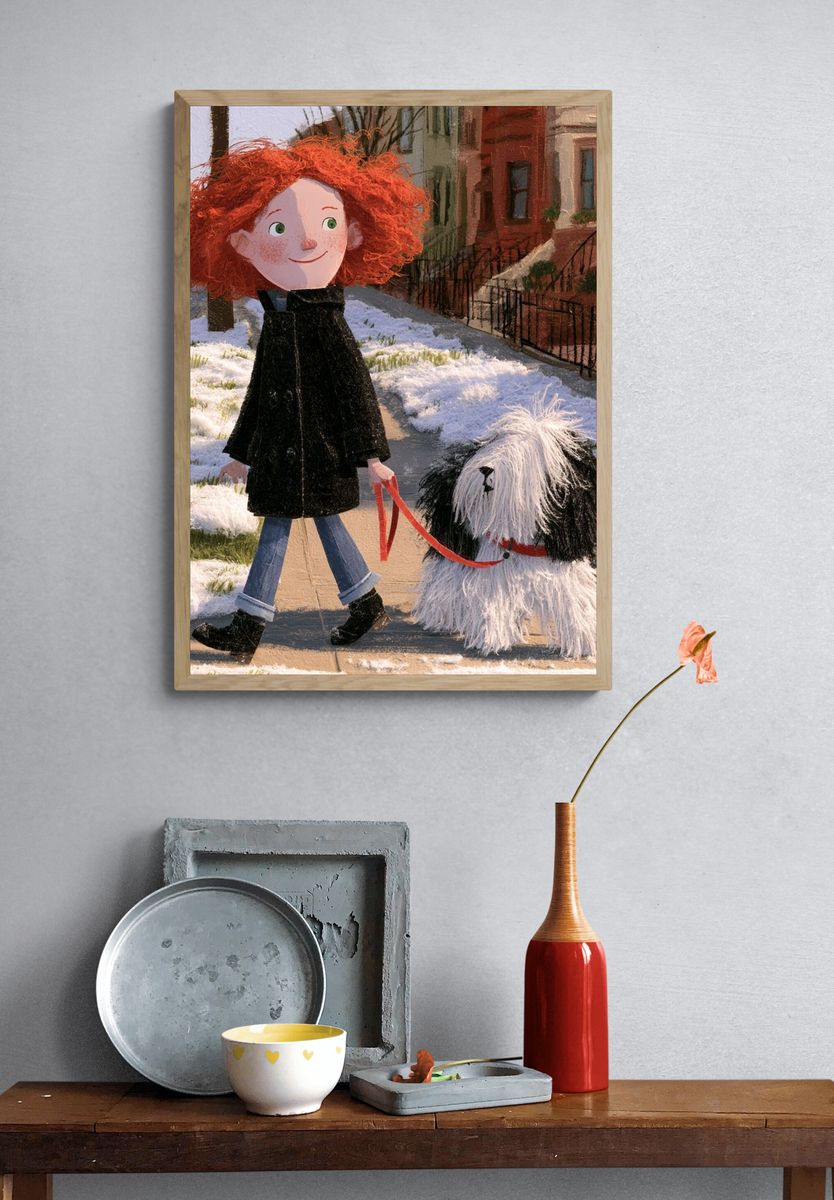Girl and Dog Winter Walk Illustration Poster. — room view 3