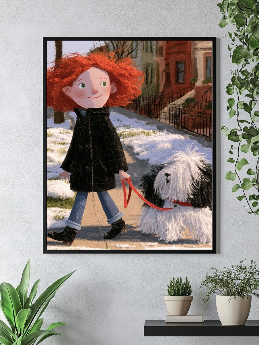 Girl and Dog Winter Walk Illustration Poster. — room view 4