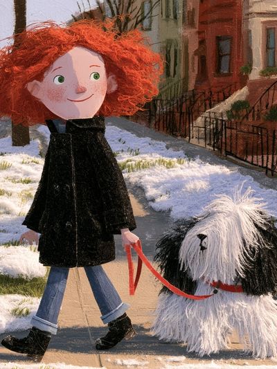 Girl and Dog Winter Walk Illustration Poster.