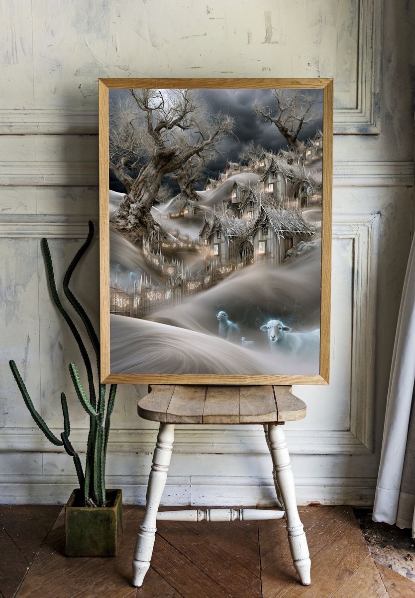Whimsical Winter Village Illustration Poster. — room view 1