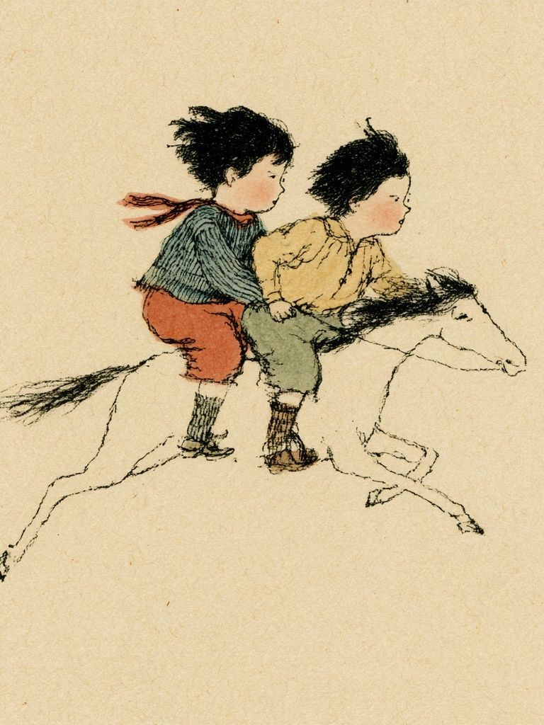 Children Riding Horse Illustration Poster. poster — illustration art