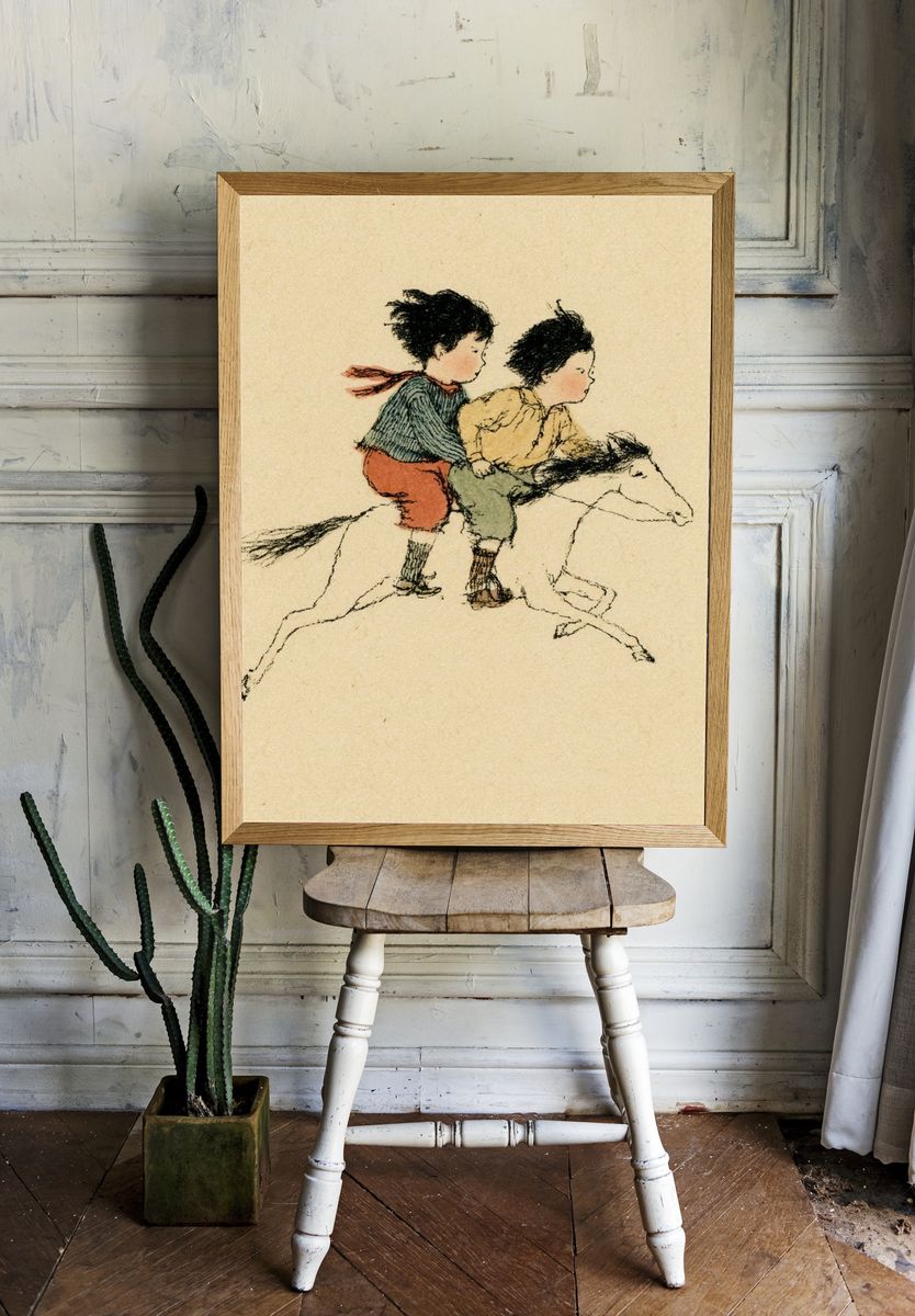 Children Riding Horse Illustration Poster. room preview