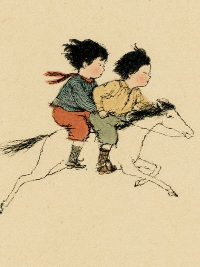Children Riding Horse Illustration Poster.