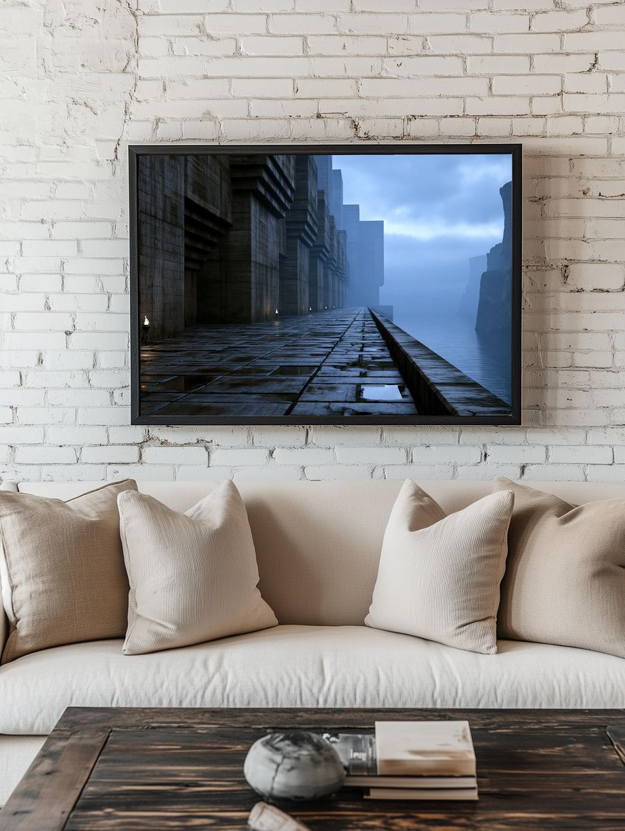 Foggy Cliffside Citadel Digital Art Print. — room view 1