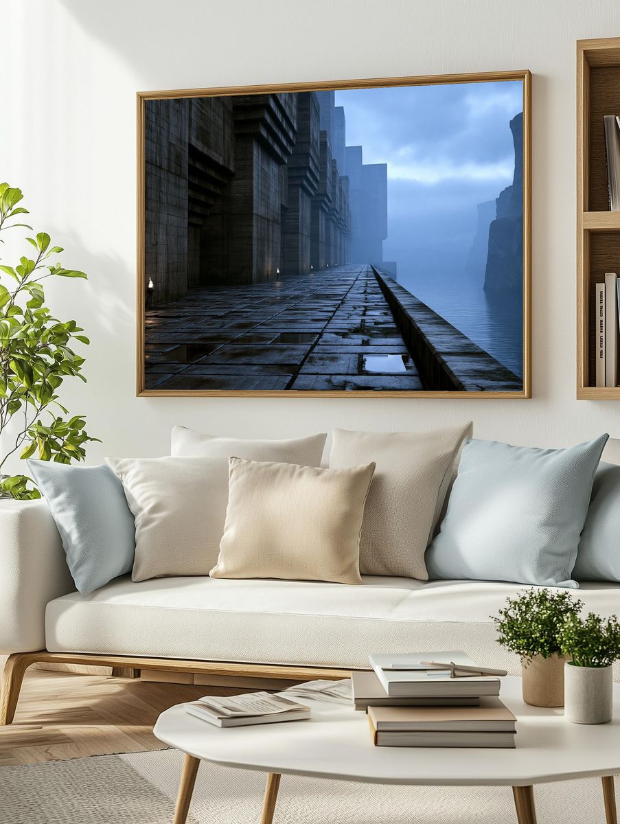 Foggy Cliffside Citadel Digital Art Print. — room view 2