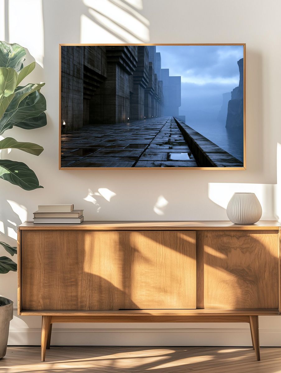 Foggy Cliffside Citadel Digital Art Print. — room view 3