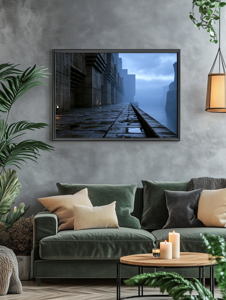Foggy Cliffside Citadel Digital Art Print. — room view 4