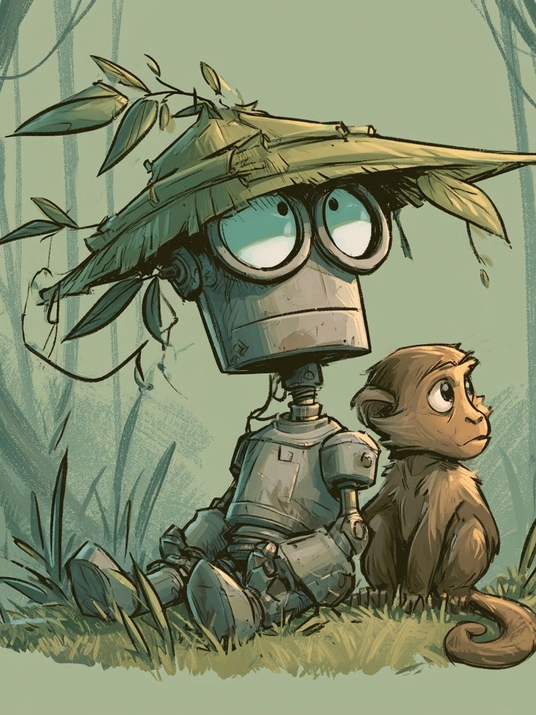 Robot and Monkey Jungle Illustration Poster. poster detail