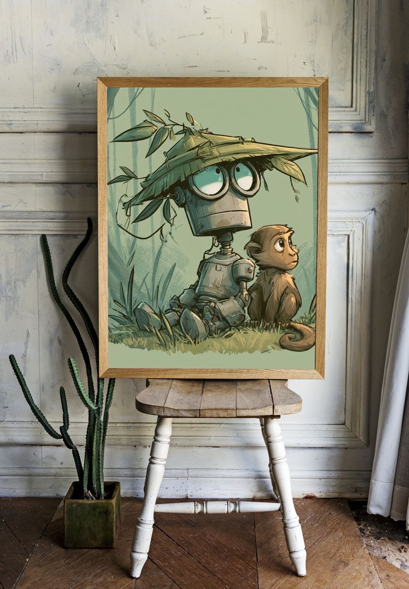 Robot and Monkey Jungle Illustration Poster. — room view 1