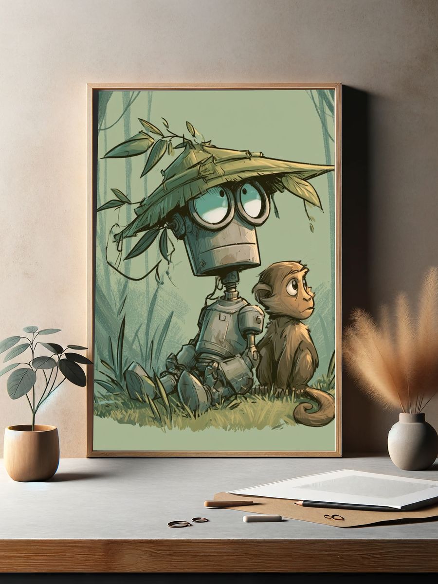 Robot and Monkey Jungle Illustration Poster. — room view 2