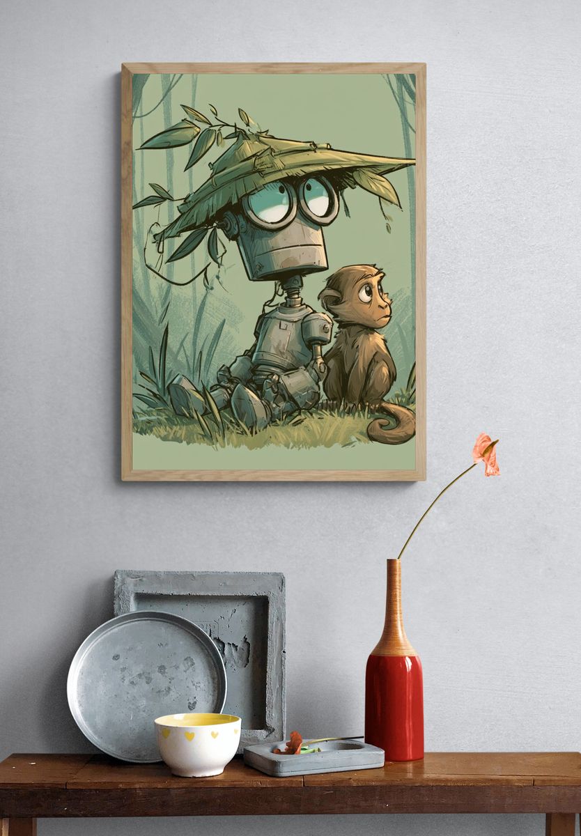 Robot and Monkey Jungle Illustration Poster. — room view 3