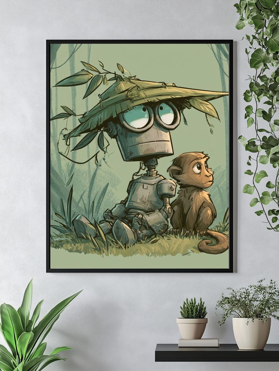 Robot and Monkey Jungle Illustration Poster. — room view 4