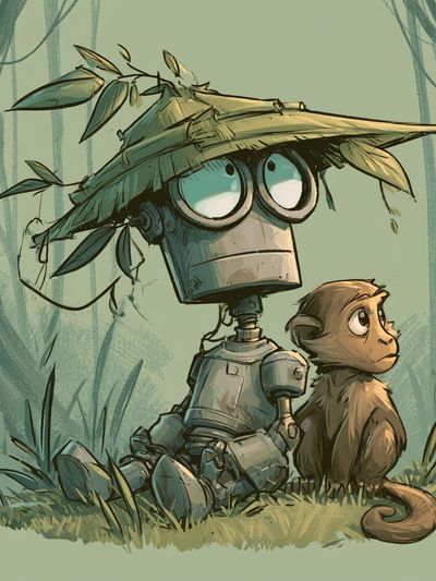 Robot and Monkey Jungle Illustration Poster. poster