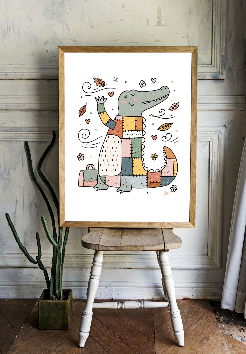 Patchwork Crocodile Illustration Poster. — room view 1