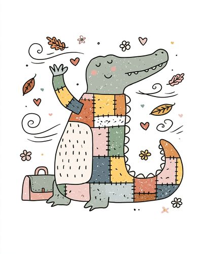 Patchwork Crocodile Illustration Poster.