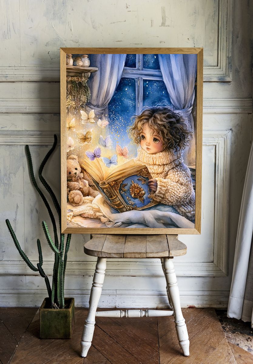 Storybook Girl and Butterflies Print. room preview