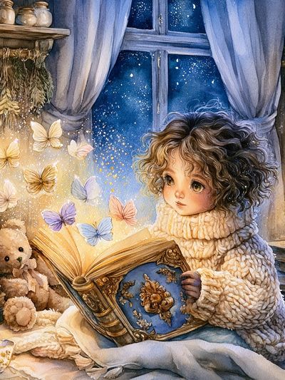 Storybook Girl and Butterflies Print. poster