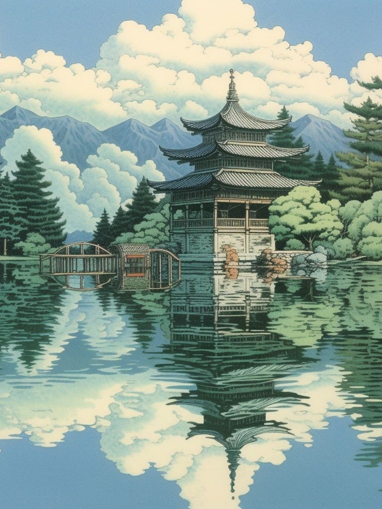 Japanese Pagoda Lake Illustration Poster. poster detail