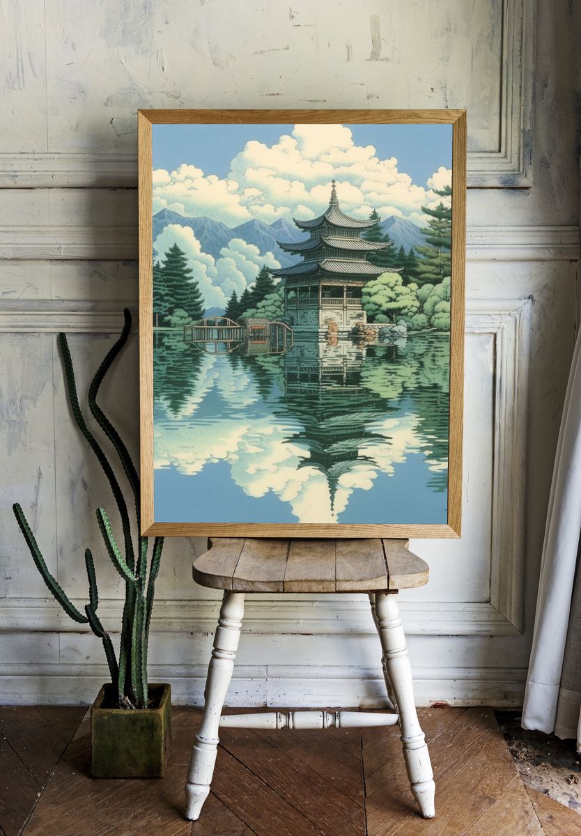Japanese Pagoda Lake Illustration Poster. — room view 1