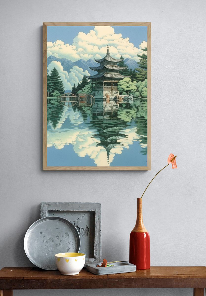 Japanese Pagoda Lake Illustration Poster. — room view 3