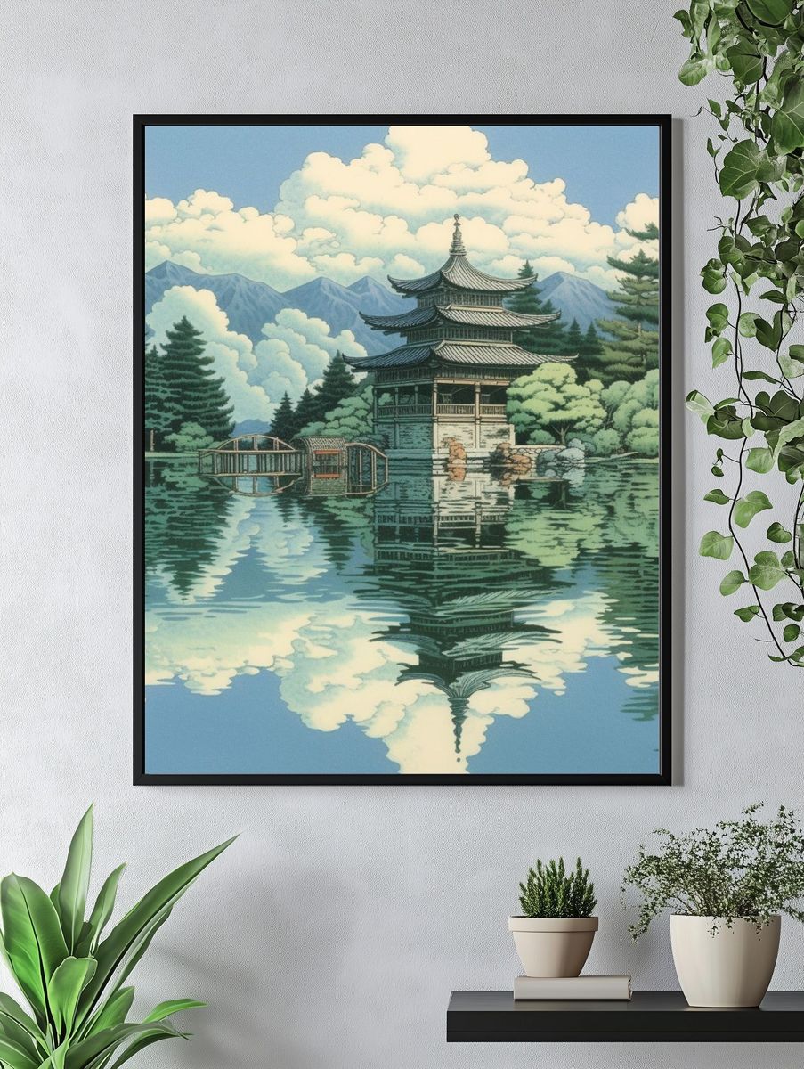 Japanese Pagoda Lake Illustration Poster. — room view 4