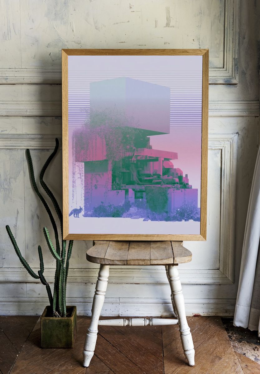 Surreal Neon Landscape Print. room preview