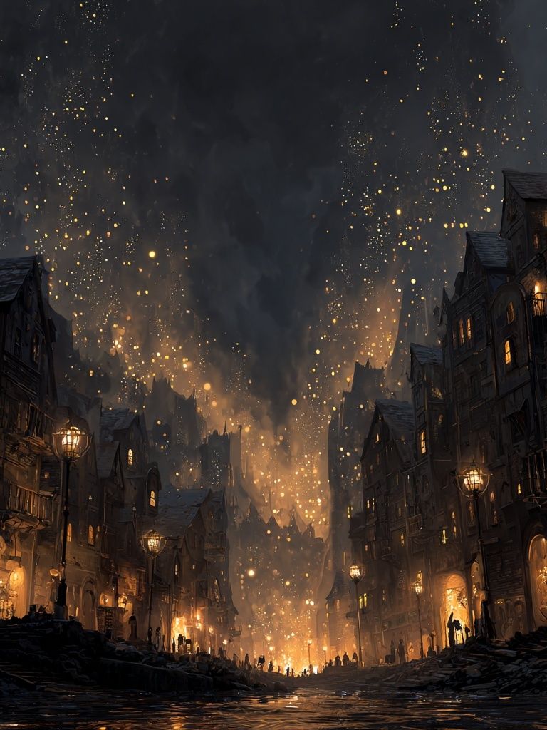 Gothic Firelit Cityscape Fantasy Print. poster — illustration art