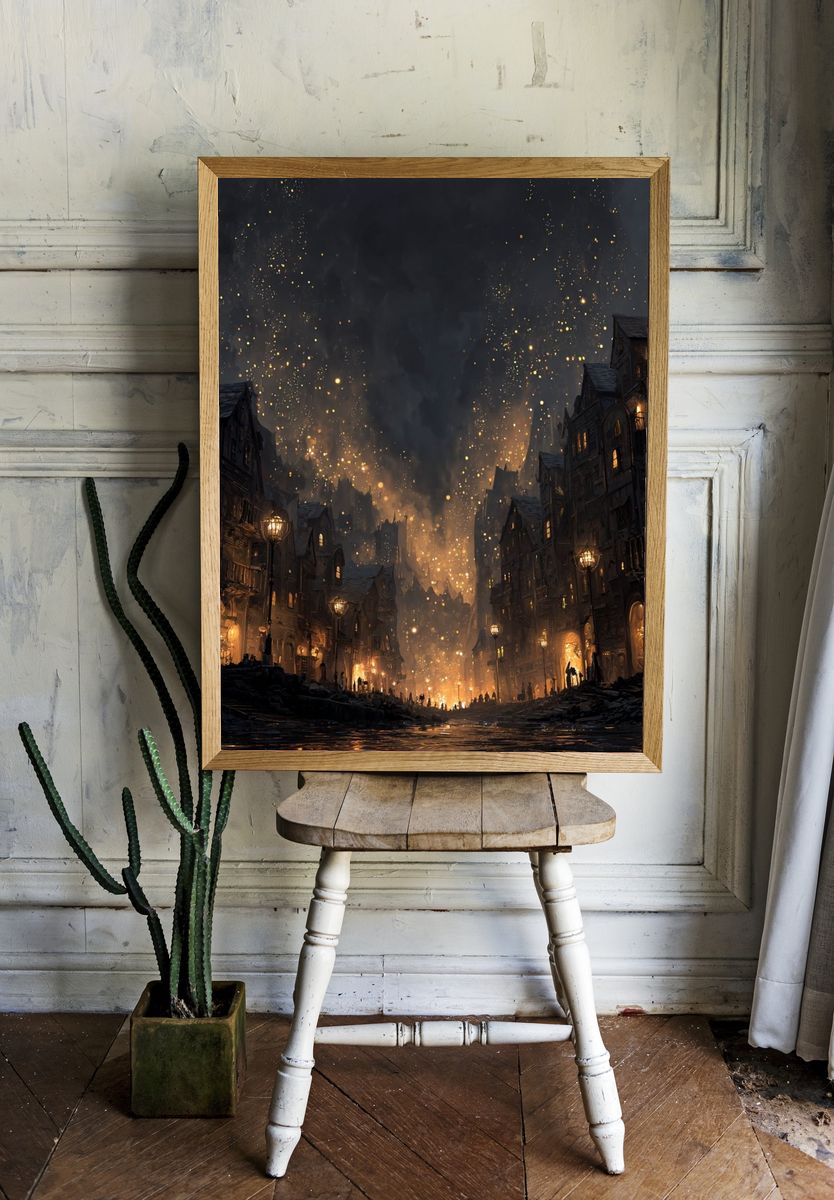 Gothic Firelit Cityscape Fantasy Print. room preview