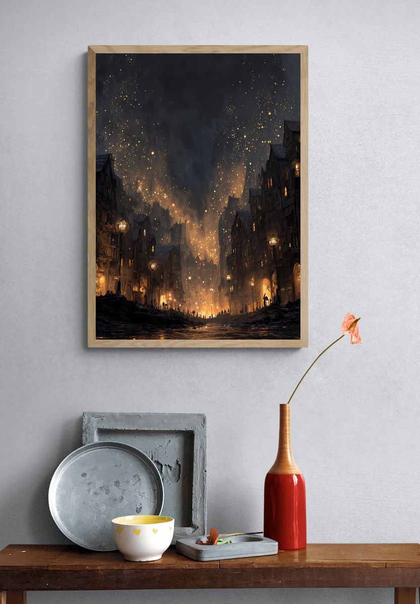 Gothic Firelit Cityscape Fantasy Print. — room view 3