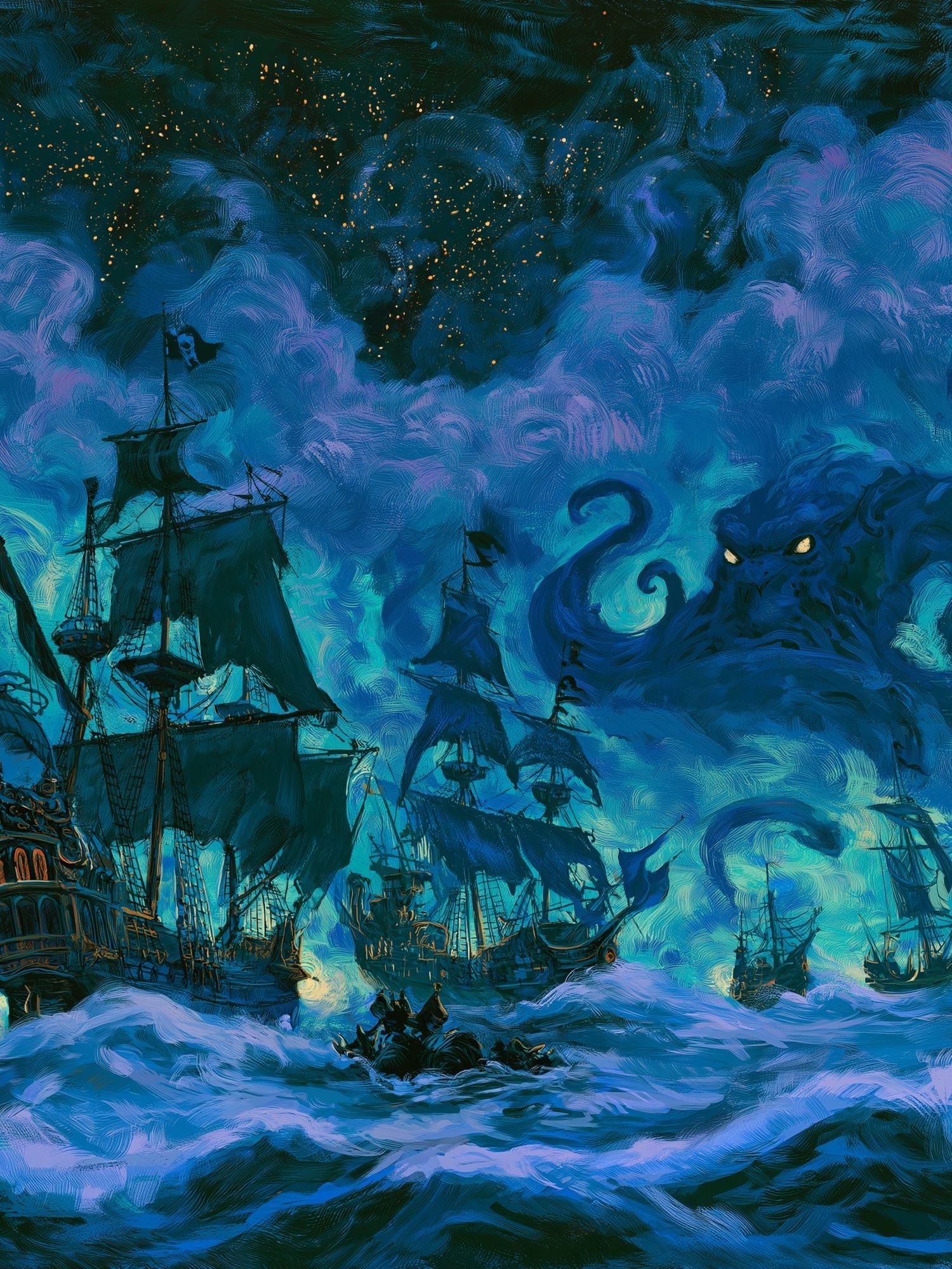 Pirate Ships in Stormy Seas Print. poster detail