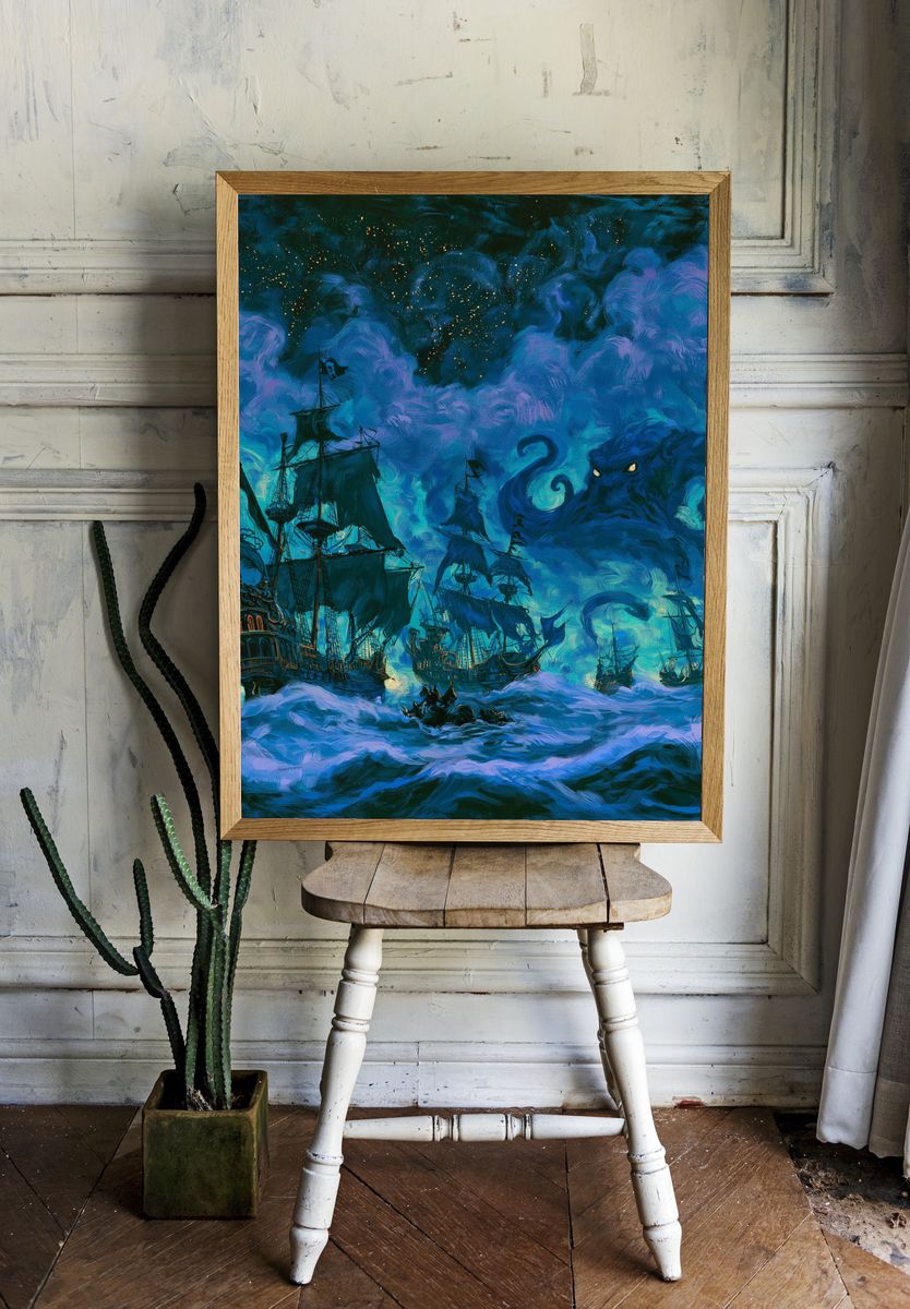 Pirate Ships in Stormy Seas Print. — room view 1