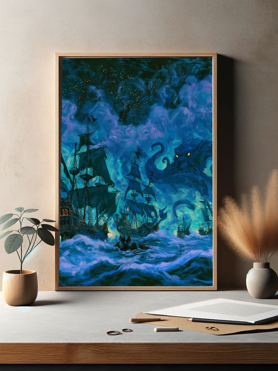 Pirate Ships in Stormy Seas Print. — room view 2