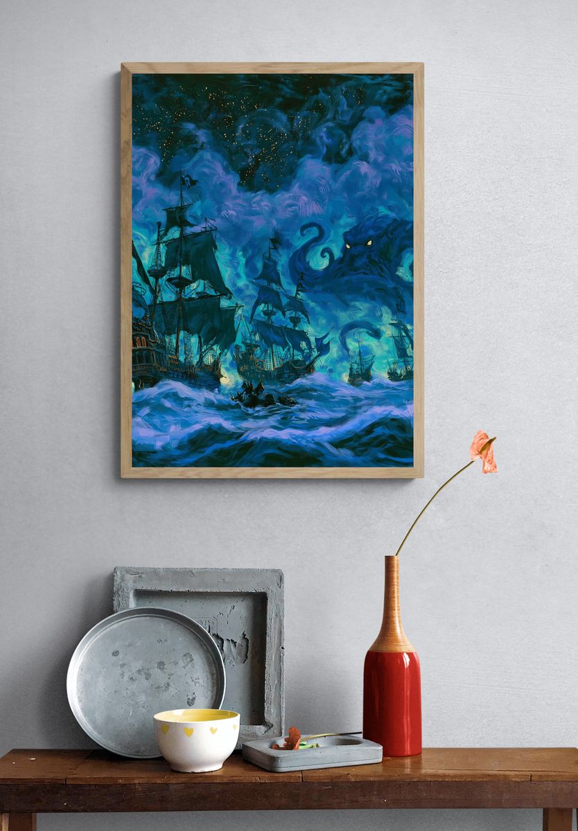 Pirate Ships in Stormy Seas Print. — room view 3
