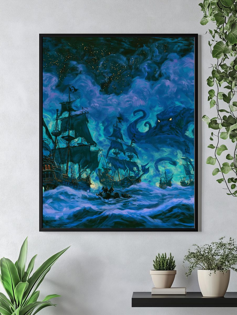 Pirate Ships in Stormy Seas Print. — room view 4