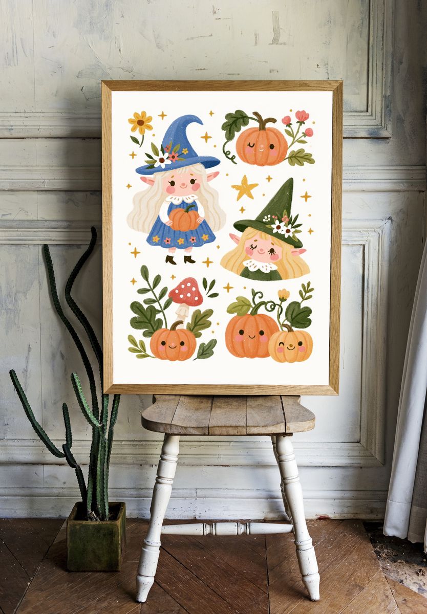 Cute Halloween Witch Illustration Poster. — room view 1