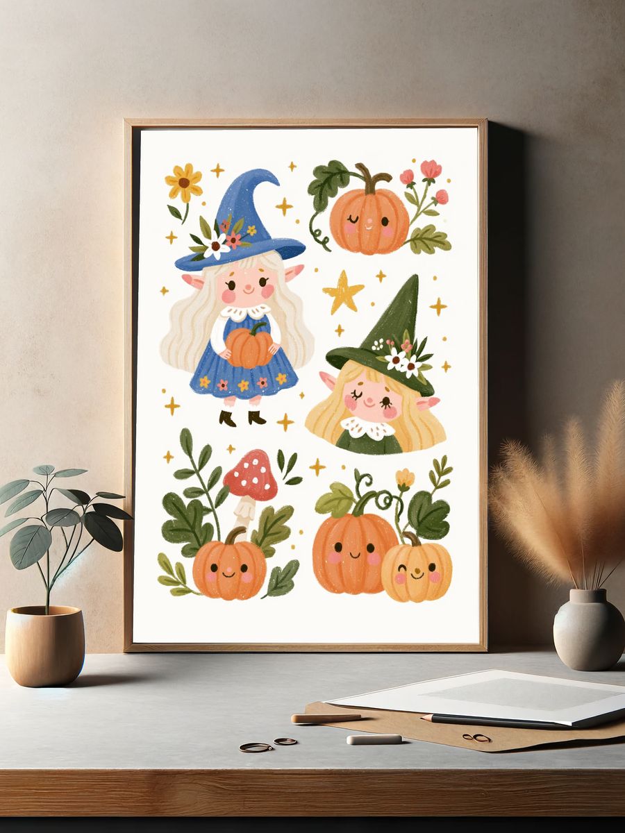 Cute Halloween Witch Illustration Poster. — room view 2