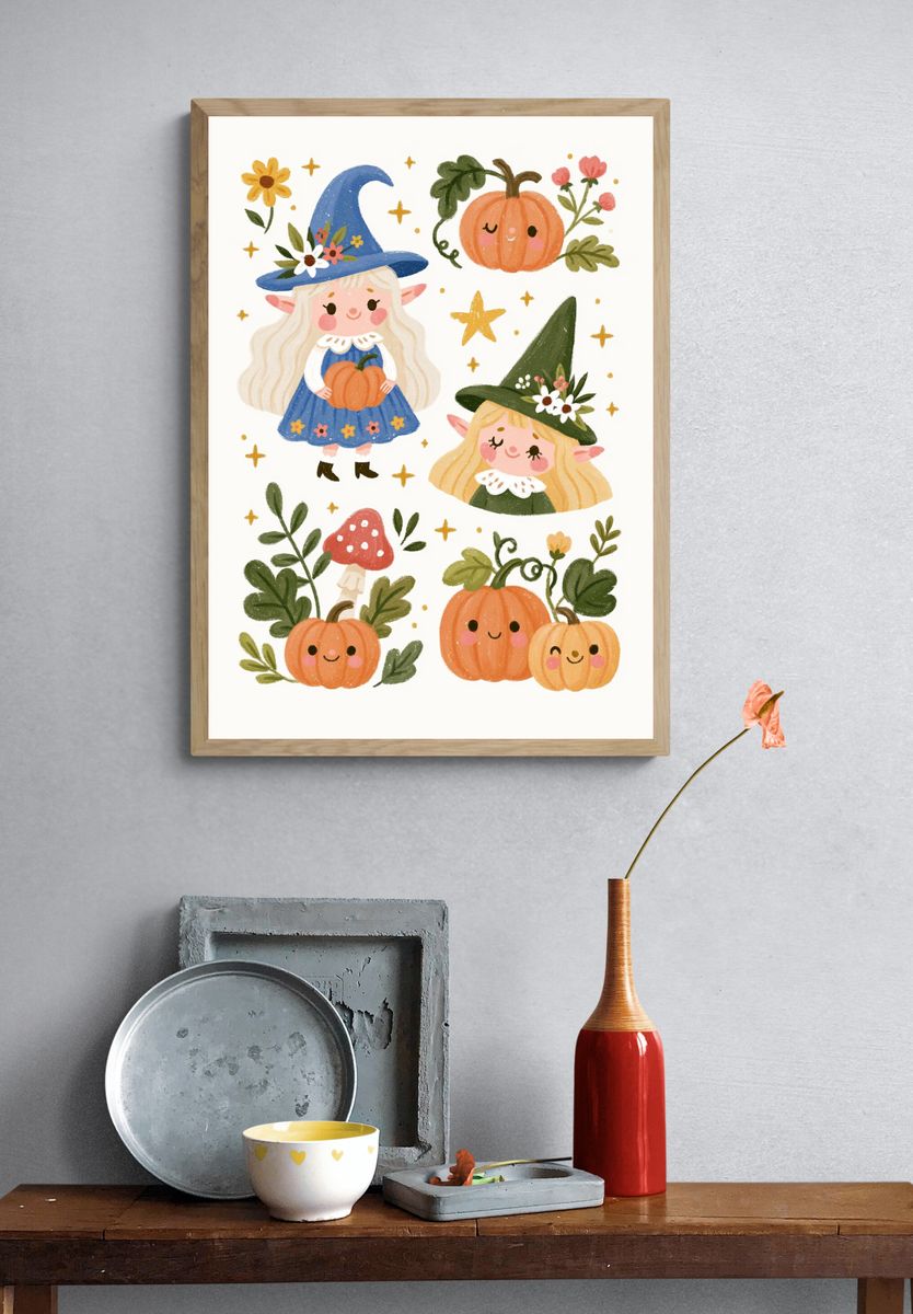 Cute Halloween Witch Illustration Poster. — room view 3