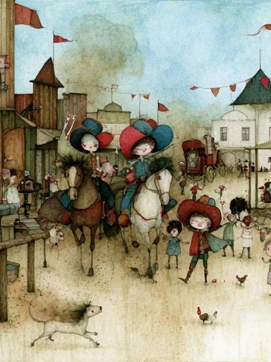 Whimsical Village Parade Illustration Poster. poster — illustration art