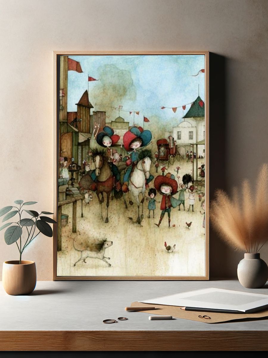 Whimsical Village Parade Illustration Poster. — room view 2
