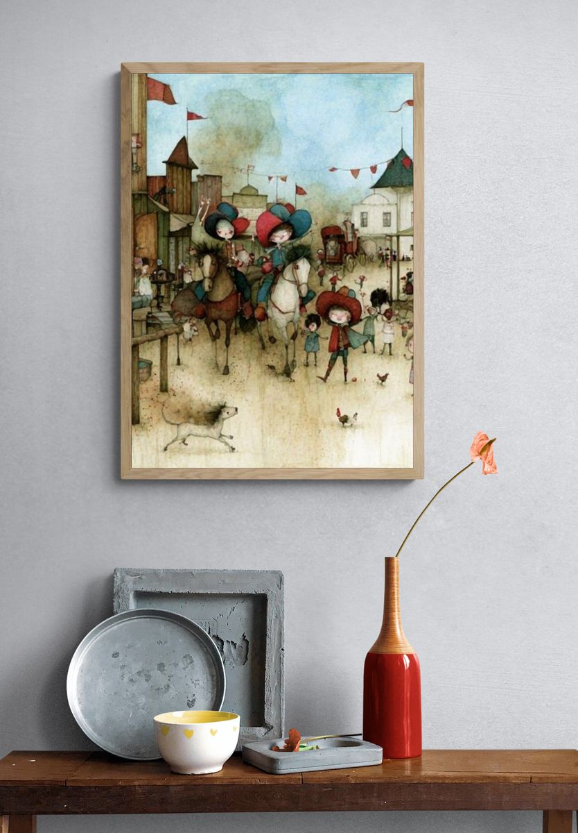 Whimsical Village Parade Illustration Poster. — room view 3