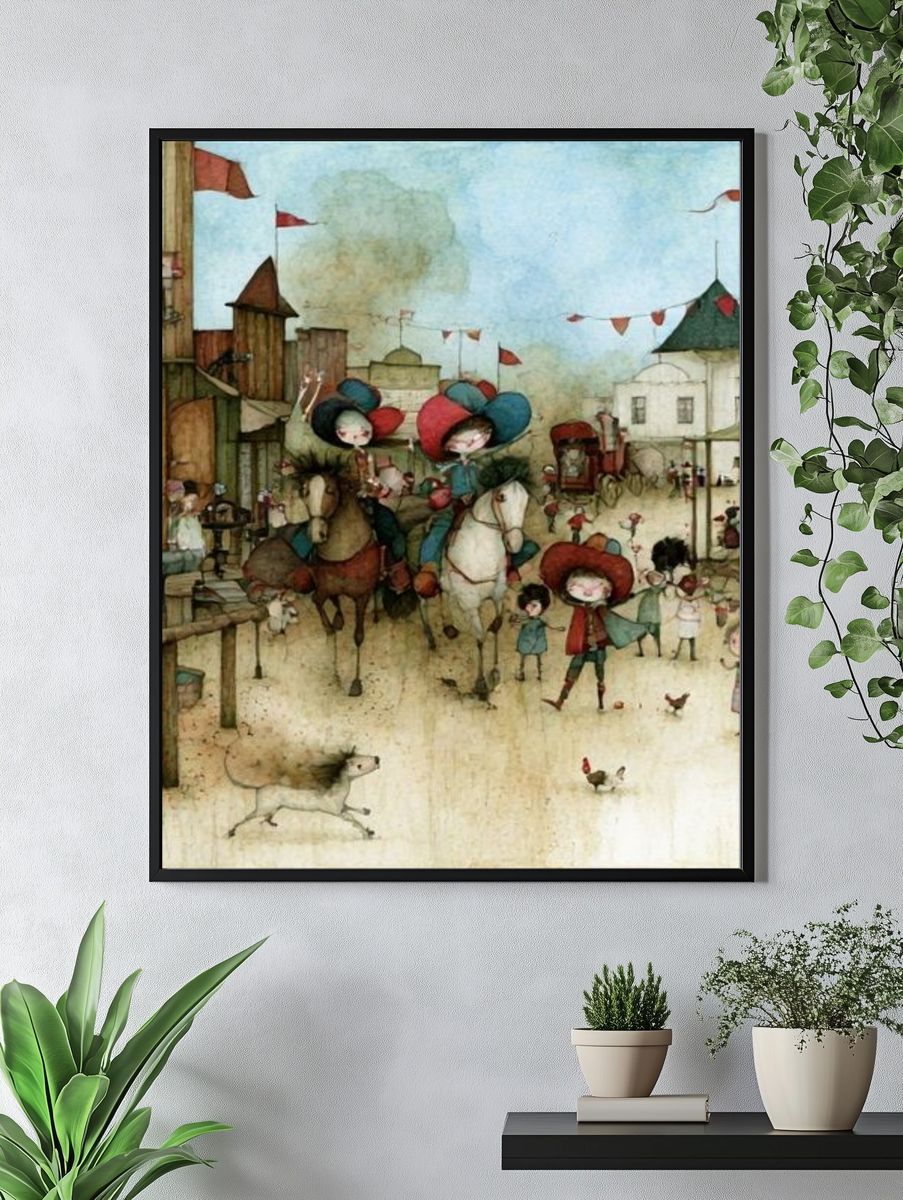 Whimsical Village Parade Illustration Poster. — room view 4