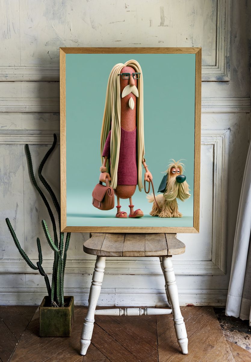 Stylized Character and Dog Illustration Poster. — room view 1