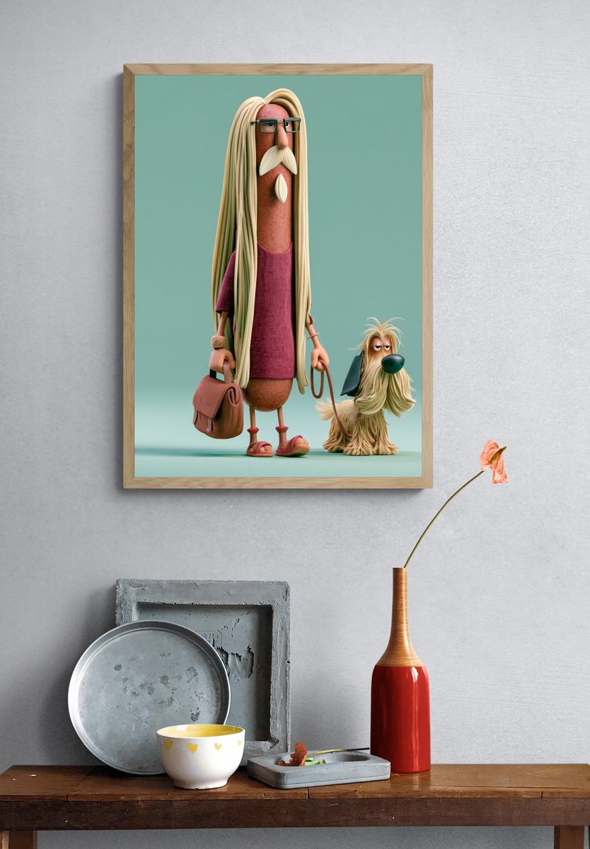 Stylized Character and Dog Illustration Poster. — room view 3